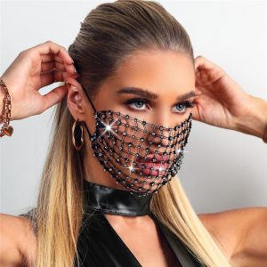 New Luxury Mystic Black Mesh Veil Rhinestone Jewelry Mask for Women Bling Crystal Decoration Mask Prom Party Face Jewelry